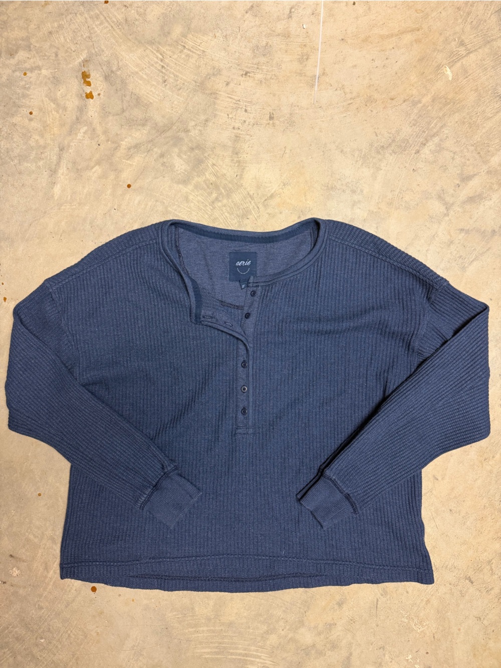 aerie Navy Waffle-Knit Henley Long Sleeve Top